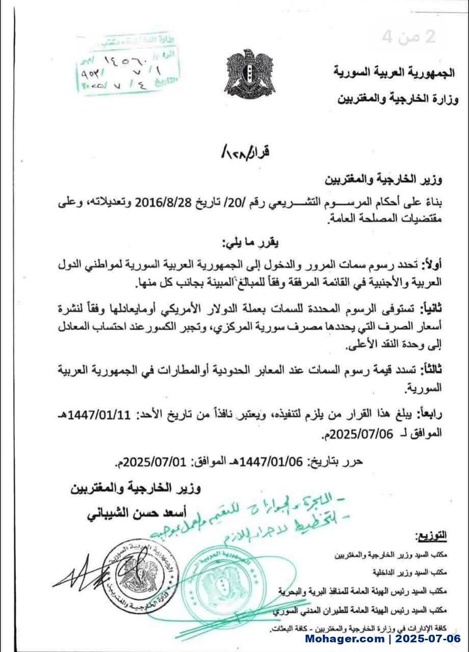 اعتبارا من 6 يوليو.. سوريا تفرض رسوم تأشيرة جديدة على الأجانب – وهذا البلد يدفع الأغلى | مهاجر
